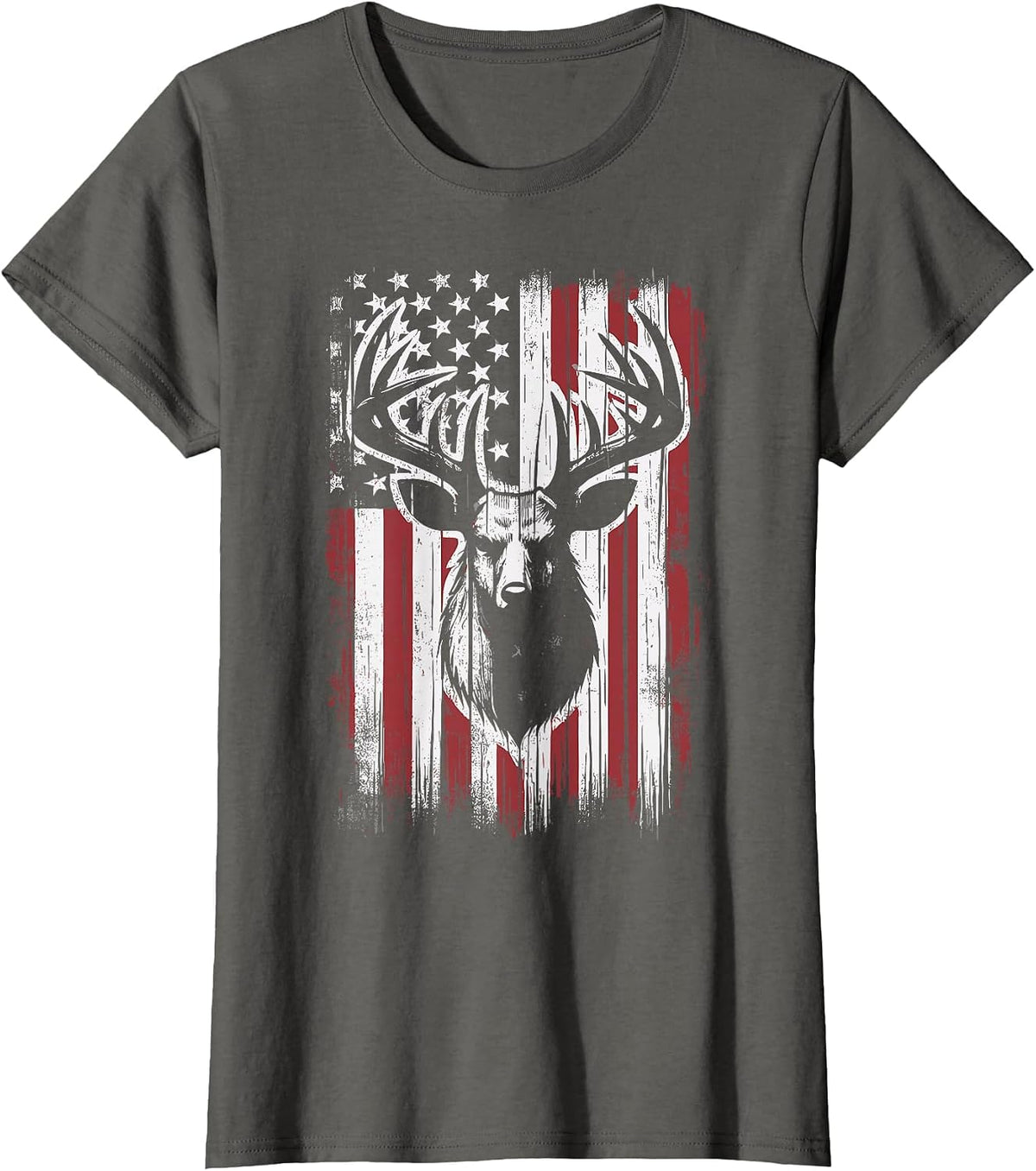 Deer Hunting American Flag Deer T-Shirt - Asphalt Grey