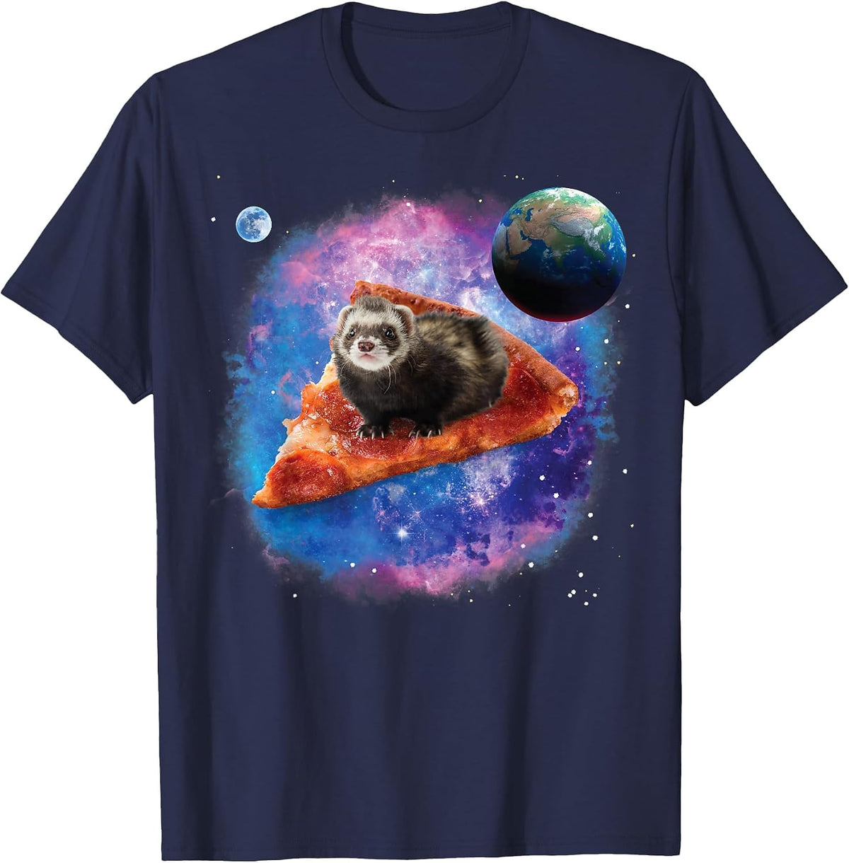 Funny Ferret on a Pizza in Space Ferret T-Shirt - Navy Blue