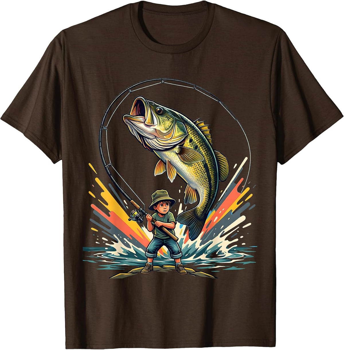 Men's Boys Fishing Young Angler Reeling In Giant Bass T-Shirt - Brown