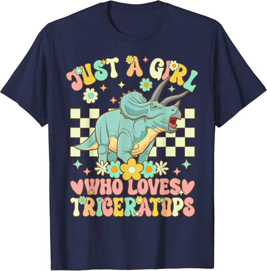 Just A Girl Who Loves Triceratops Groovy Dinosaur T-Shirt - Navy Blue