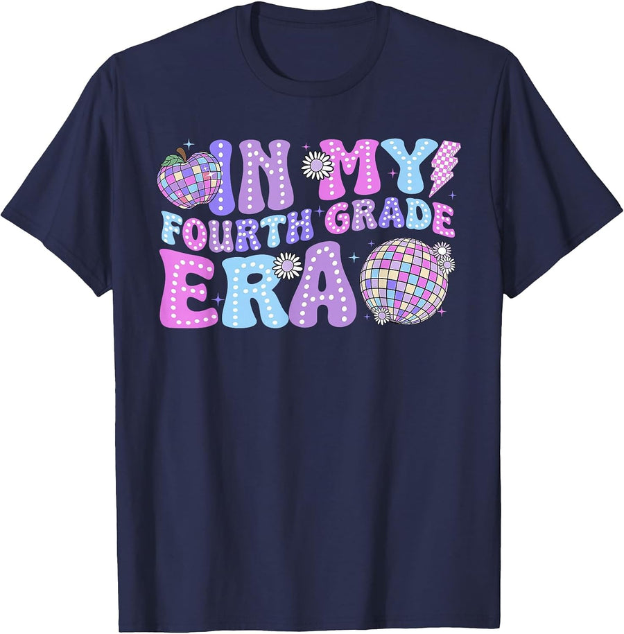 in My Fourth Grade Era Retro Back to School Disco Ball T-Shirt - Navy Blue