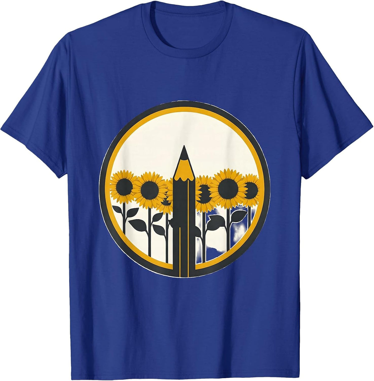 Spanish Teacher Sunflower Field Pencil Illustration T-Shirt - Royal Blue