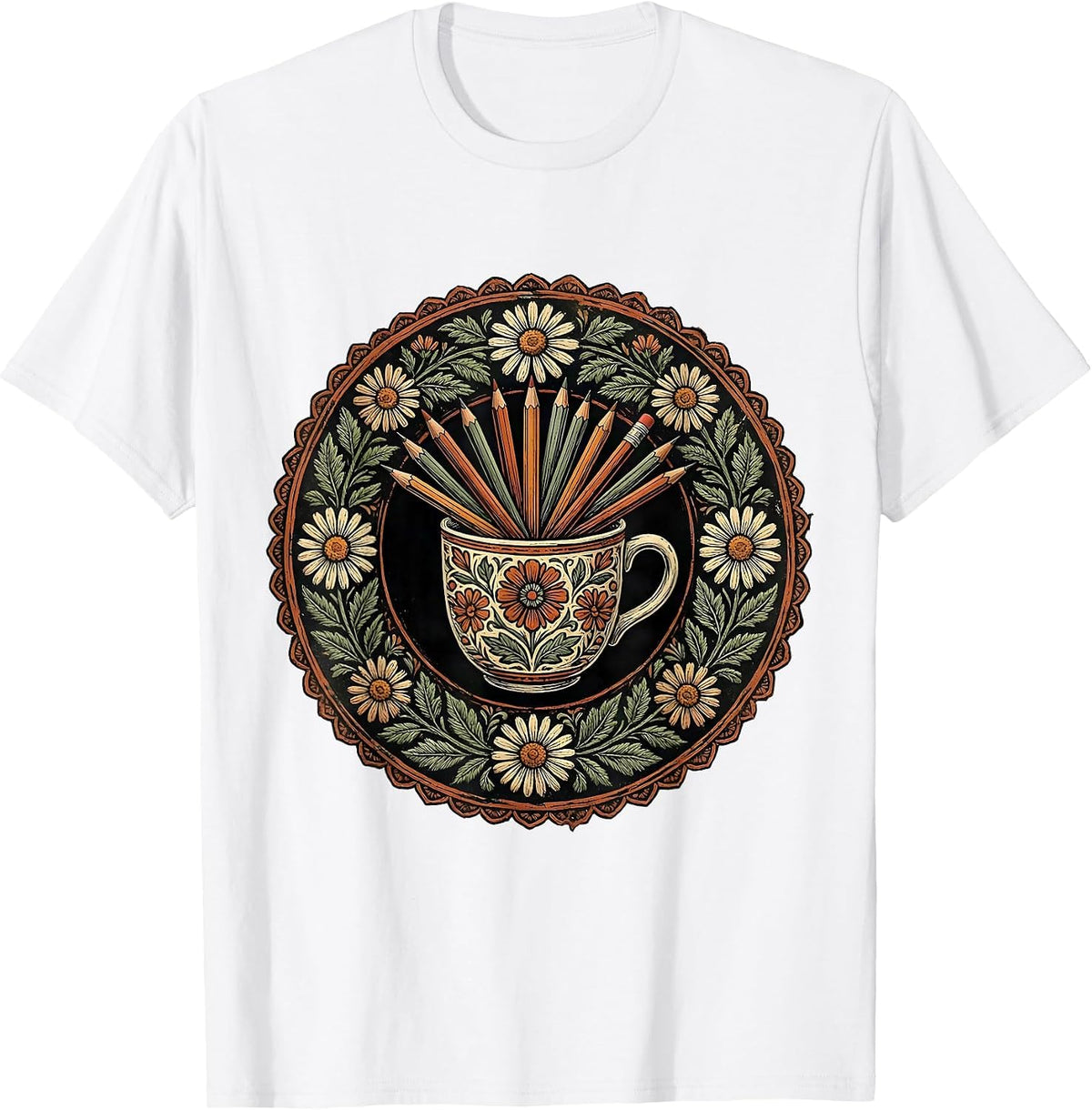 Men's Elementary Teacher Coffee Mug Pencils Graphic T-Shirt - White