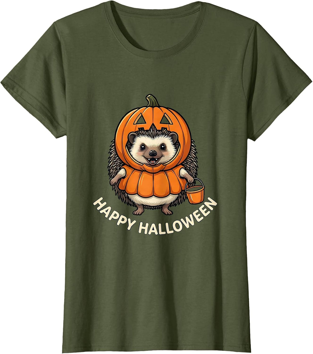 Women's Happy Halloween Cheerful Hedgehog Pumpkin Costume Party Wear T-Shirt - Olive Green