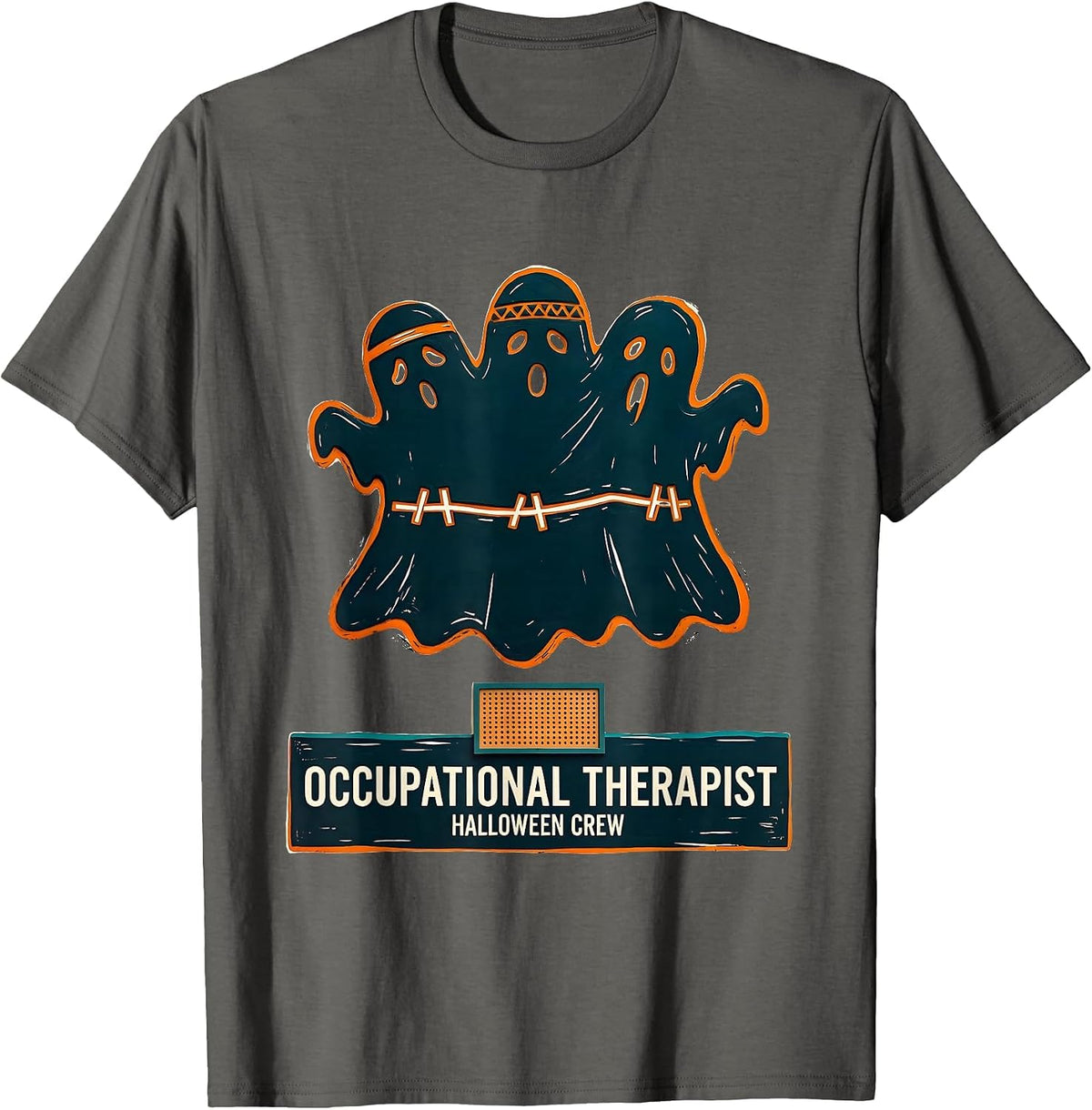 Occupational Therapist Halloween Crew Linocut Ghost Office T-Shirt - Asphalt Grey