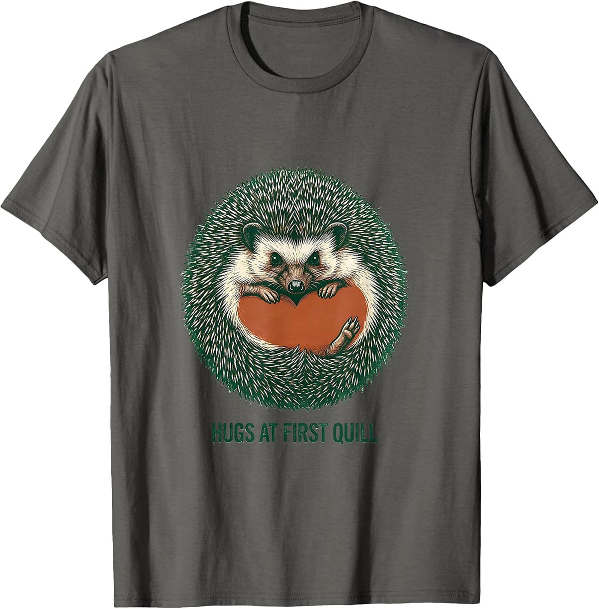 Hugs At First Quill Cute Hedgehog Lover Whimsical Humor T-Shirt - Asphalt Grey