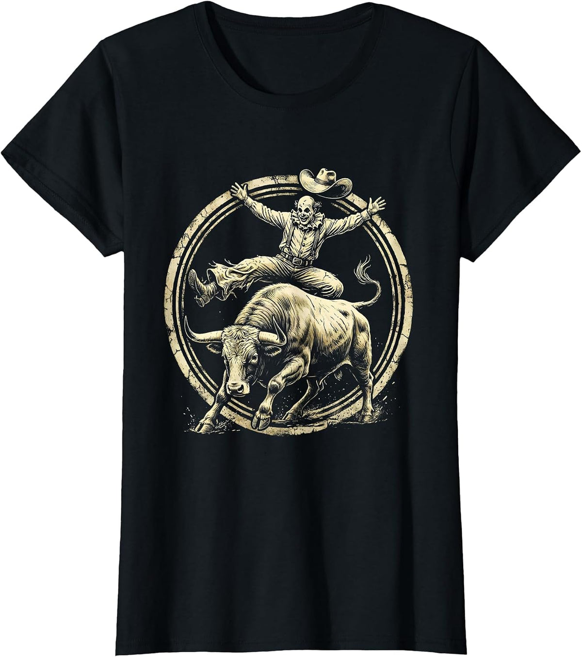 Rodeo Clown Dodging Charging Bull Graphic T-Shirt - Black