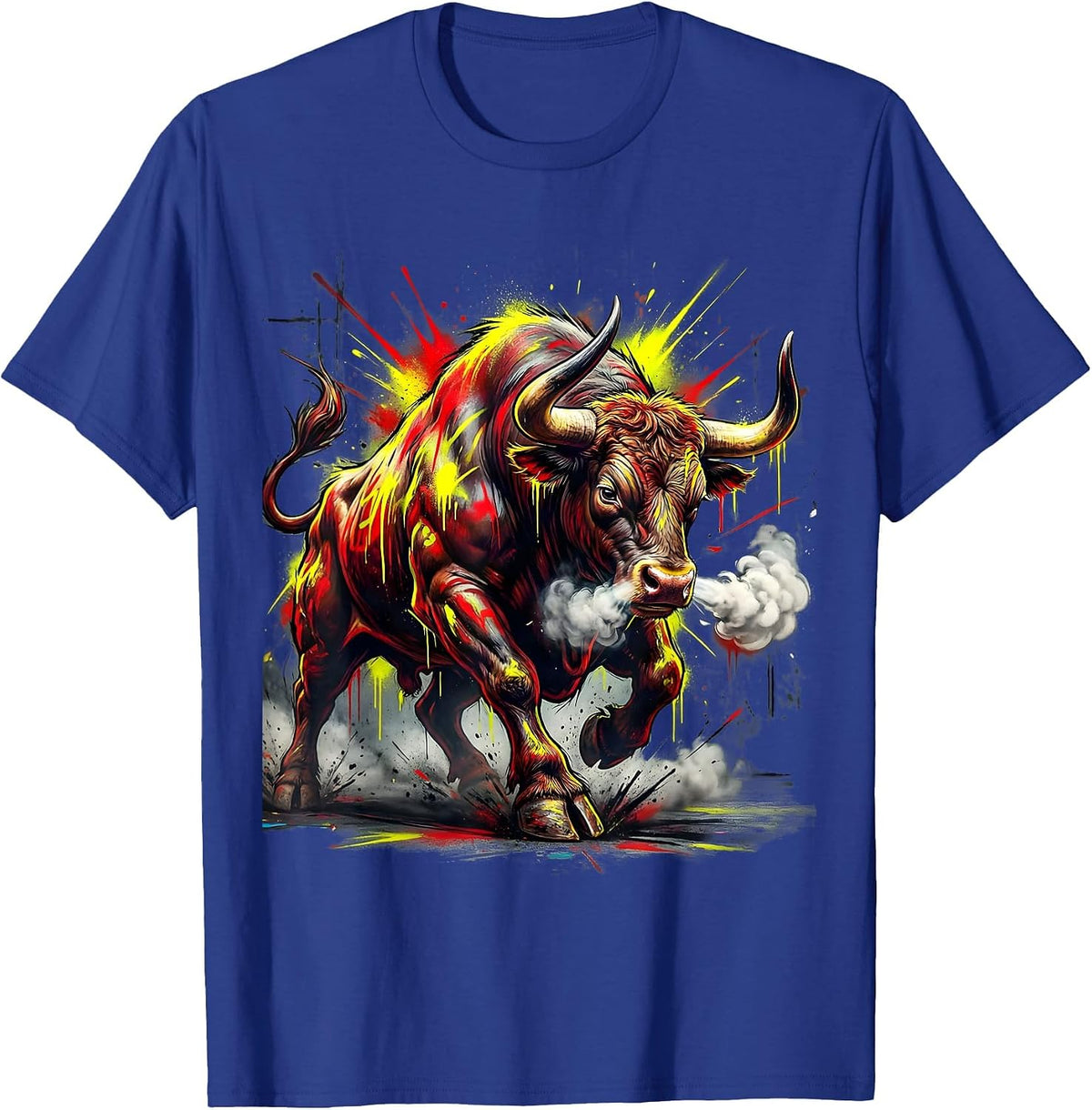 Angry Charging Bull with Steam Snorting Graphic T-Shirt - Royal Blue