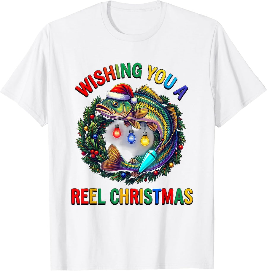 Wishing You a Reel Christmas Funny Fishing Christmas Humor T-Shirt - White