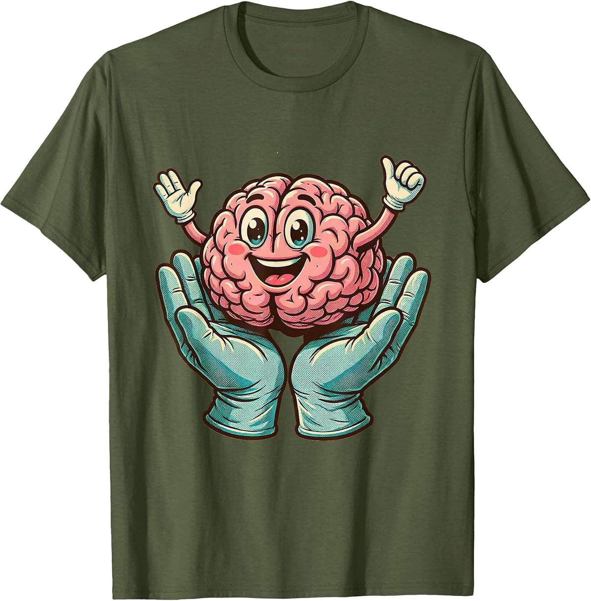 Men's Smiling Brain Surgeon Hands Dark Humor Graphic T-Shirt - Olive Green