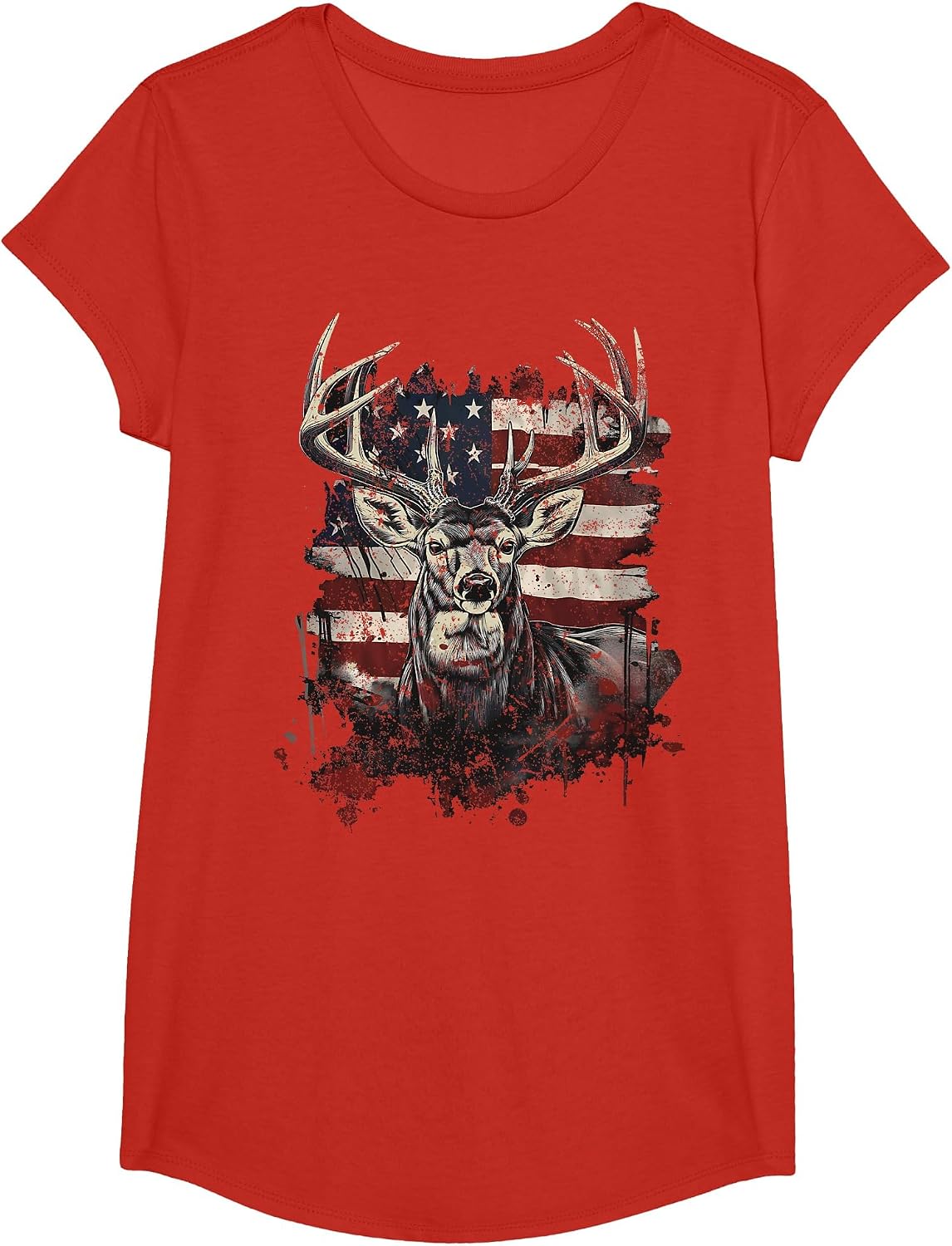 Buck White Tail Deer Hunting Hunter Distressed American Flag T-Shirt - Girls Red