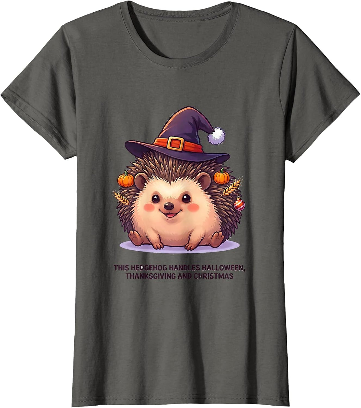 Women's This Hedgehog Handles Halloween, Thanksgiving And Christmas T-Shirt - Asphalt Grey