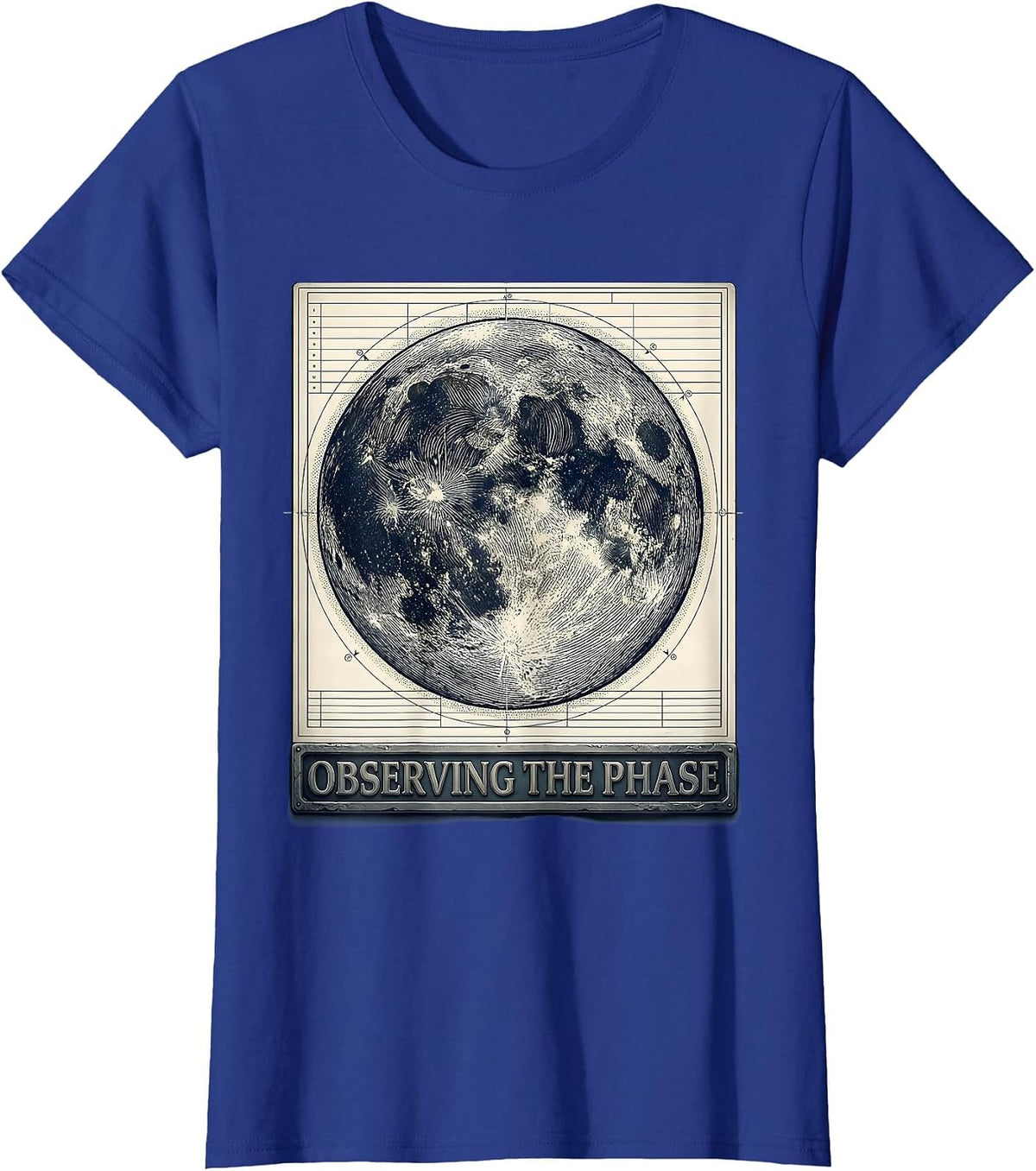 Women's Observing The Phase Crosshatch Etching Moon Phase Astronomy T-Shirt - Royal Blue
