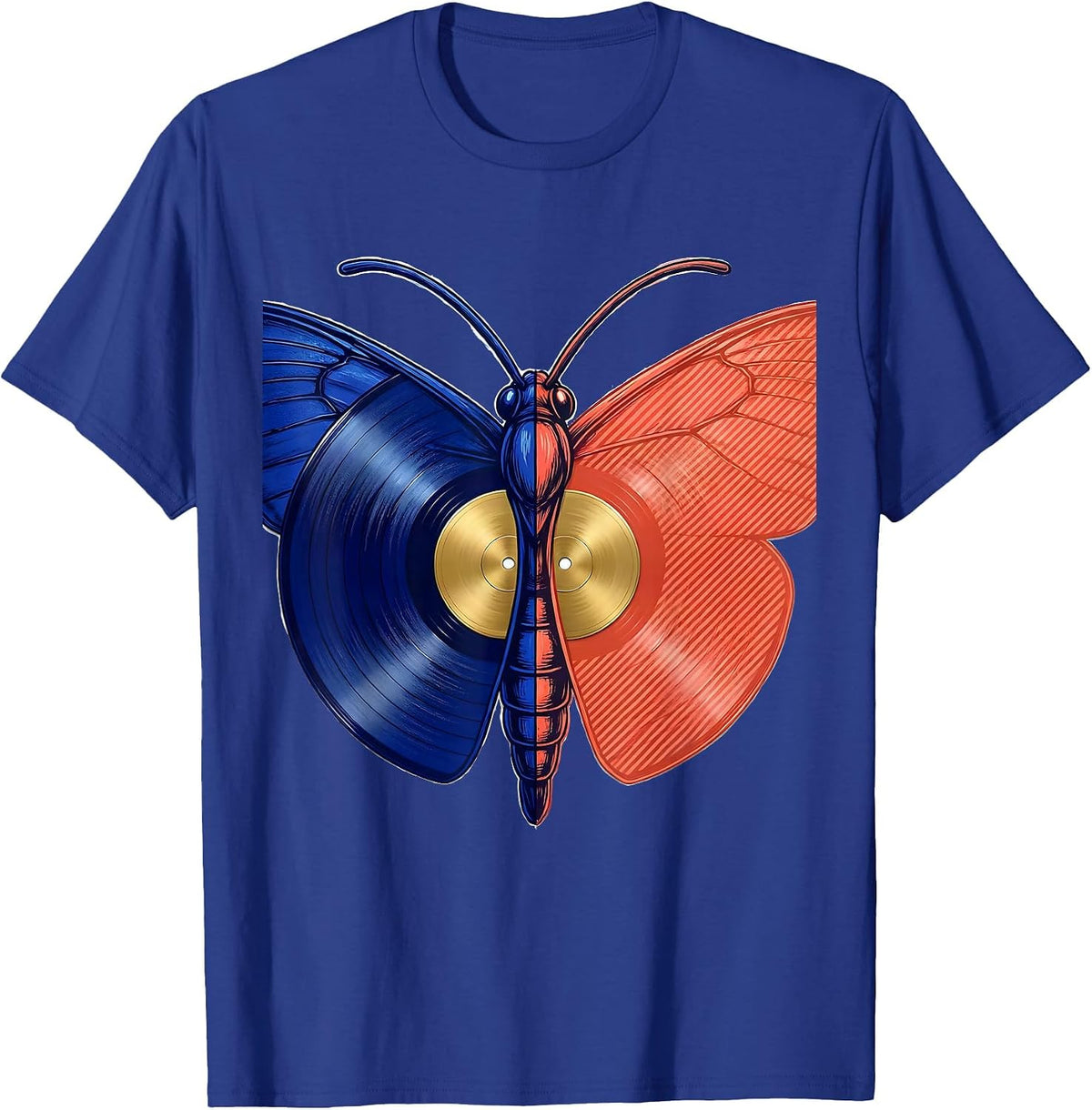 Moth Vinyl Record Wings Rock Music Graphic Tee T-Shirt - Royal Blue