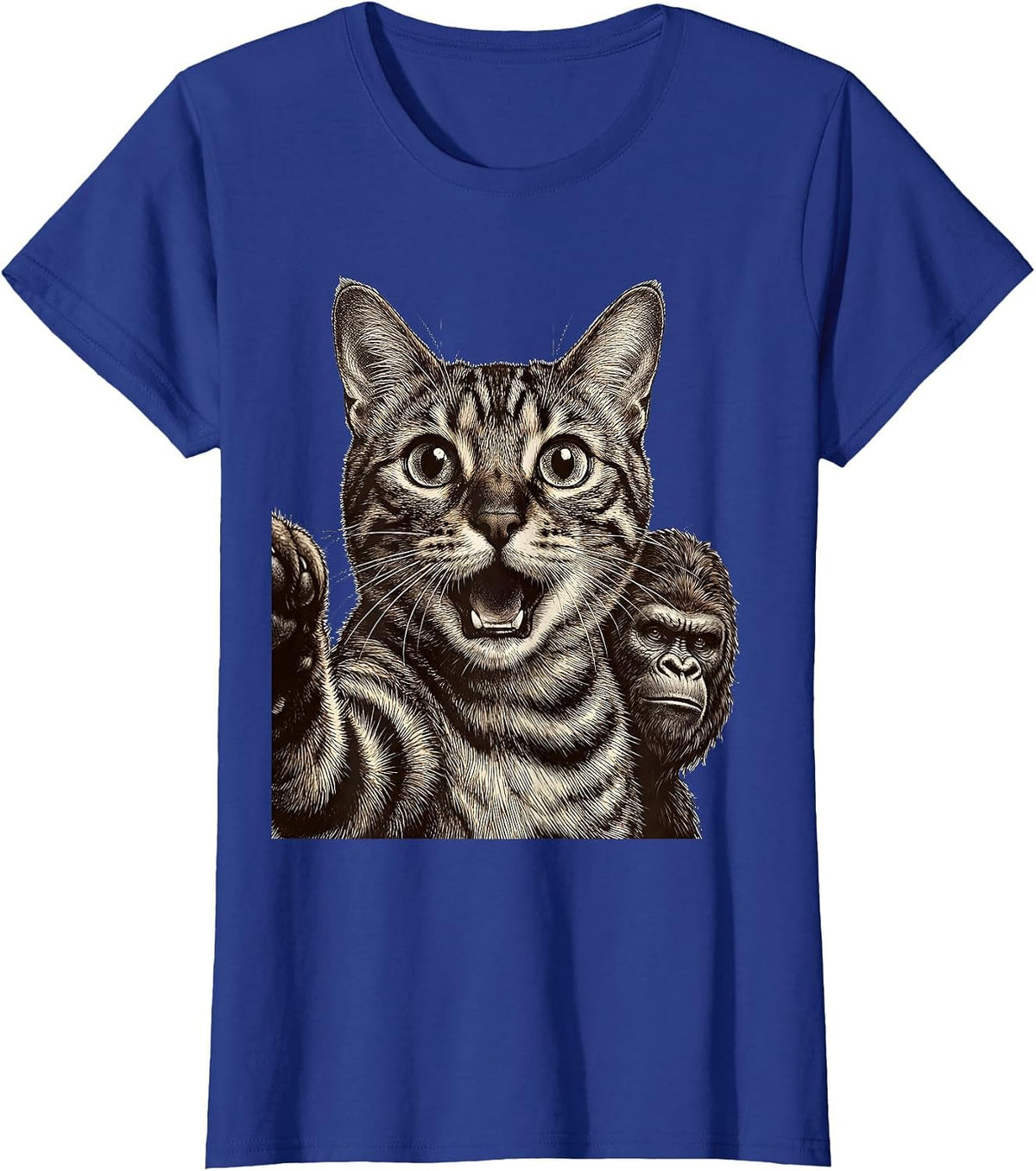 Women's Bengal Cat Bigfoot Crosshatch Etching Funny Meme Humor T-Shirt - Royal Blue