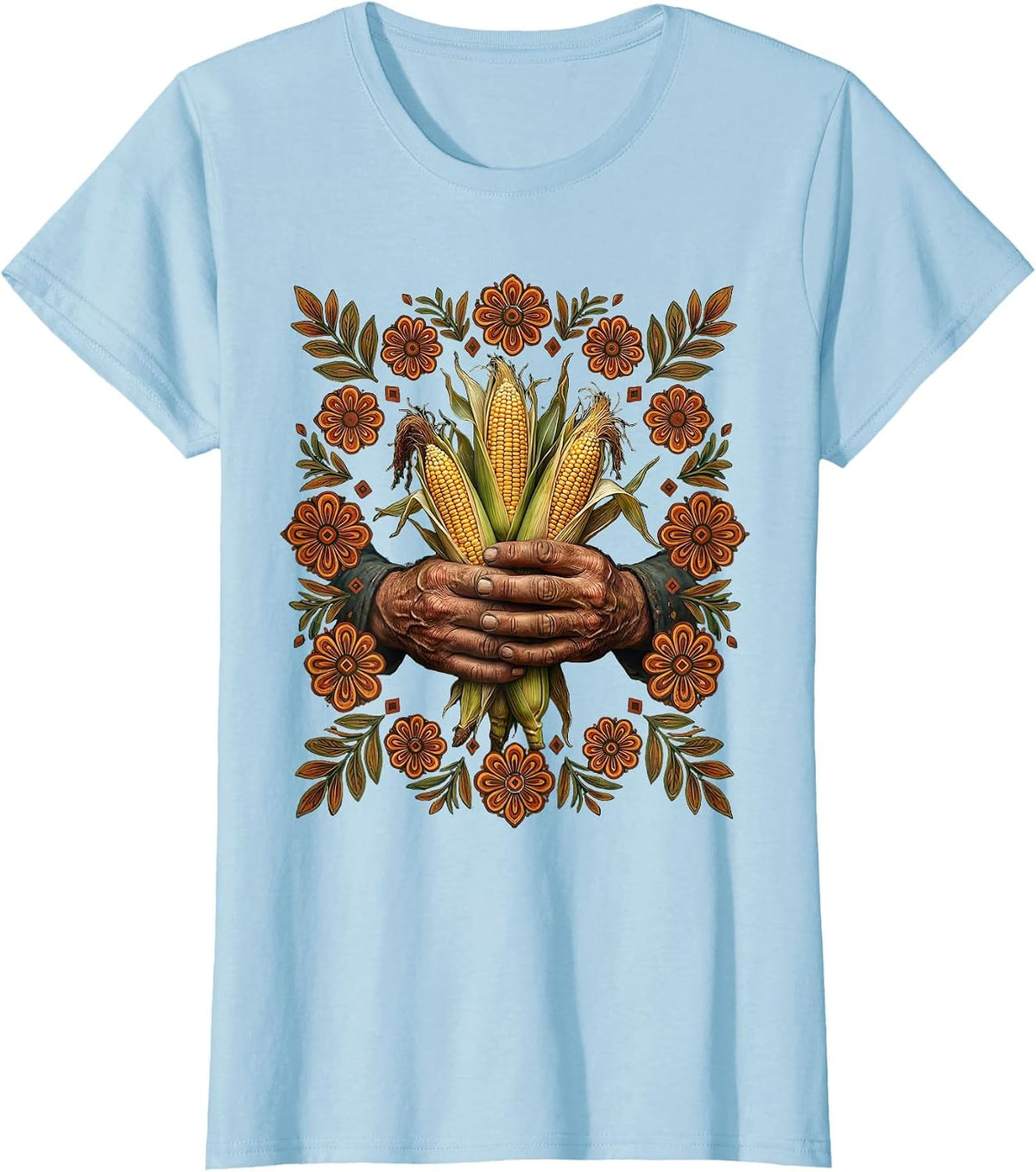 Women's Mexican Farmer Hands Holding Corn Stalks T-Shirt - Baby Blue