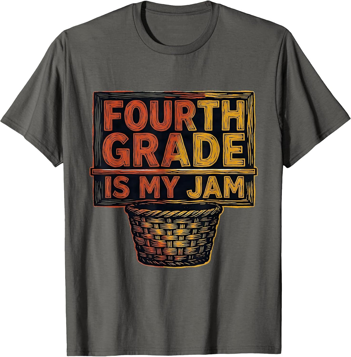 Fourth Grade Is My Jam Retro Linocut Teacher Student Back T-Shirt - Asphalt Grey