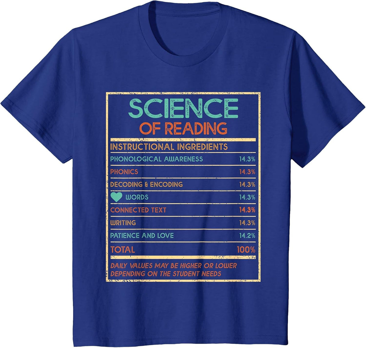 Reading Teacher Funny Science of Reading Nutrition Facts T-Shirt - Royal Blue