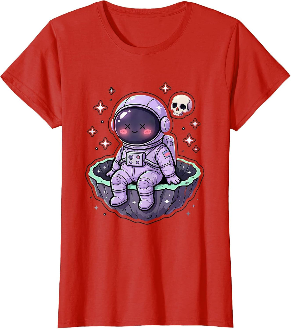 Astronaut Sitting on Crater Edge Space Art T-Shirt - Red
