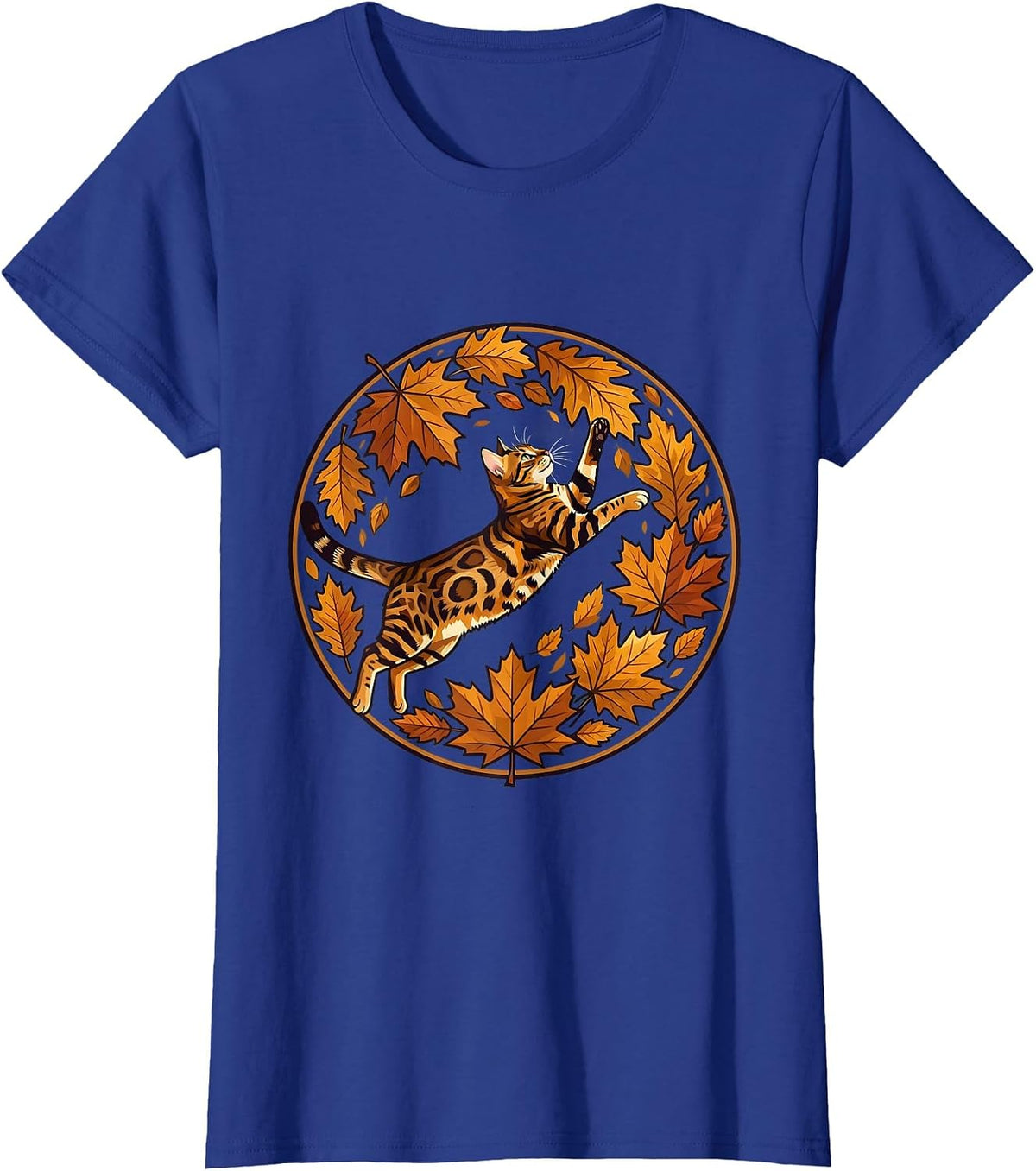 Women's Bengal Cat Chasing Autumn Leaves Fall Design T-Shirt - Royal Blue