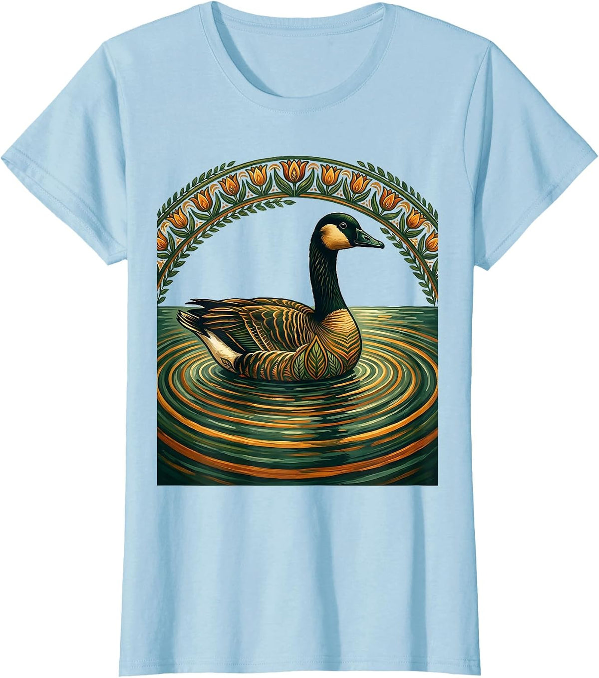 Goose Silhouette Misty Lake at Dawn Graphic T-Shirt - Baby Blue