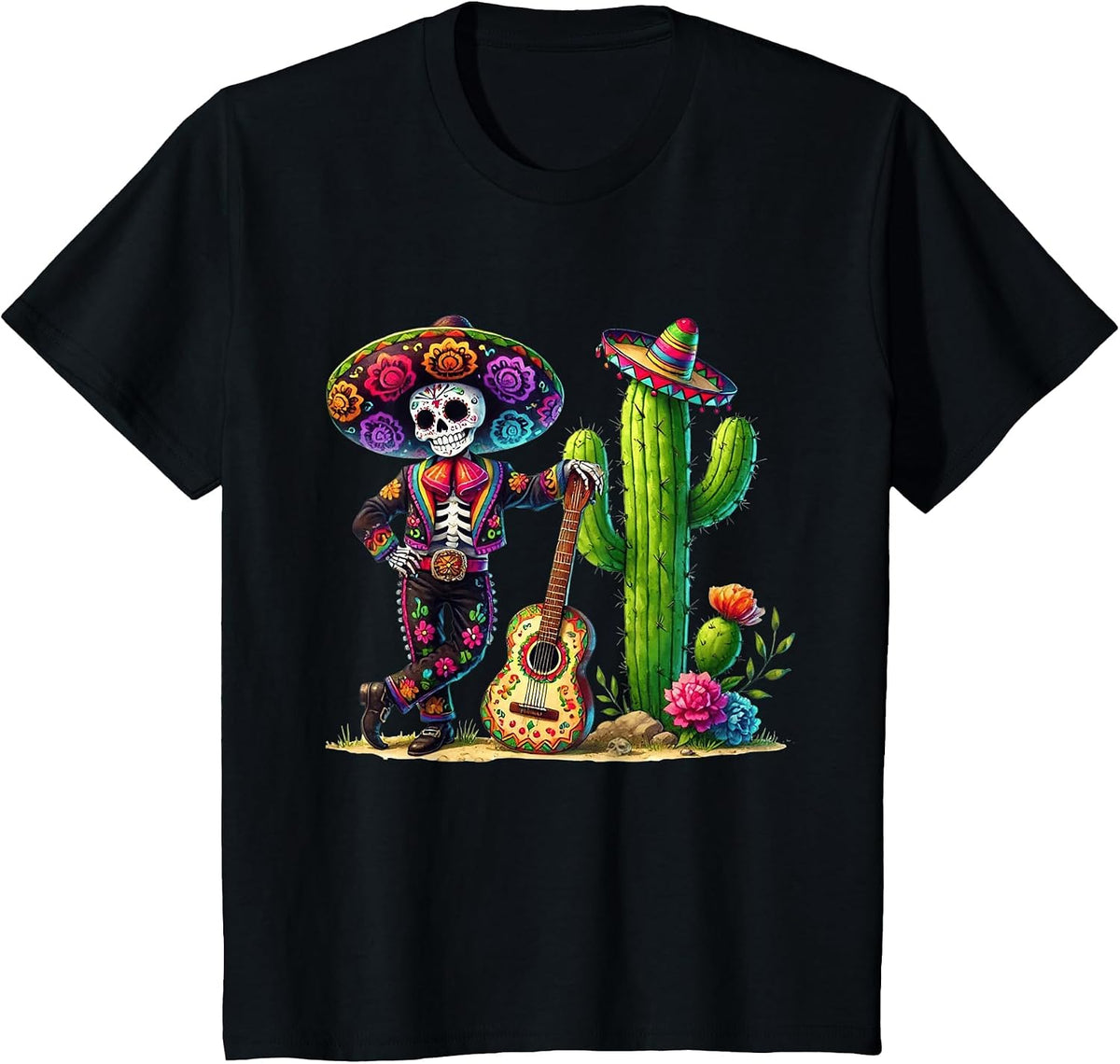 Men Skeleton Cinco De Mayo Mariachi Fiesta Guitar Cactus T-Shirt - Black