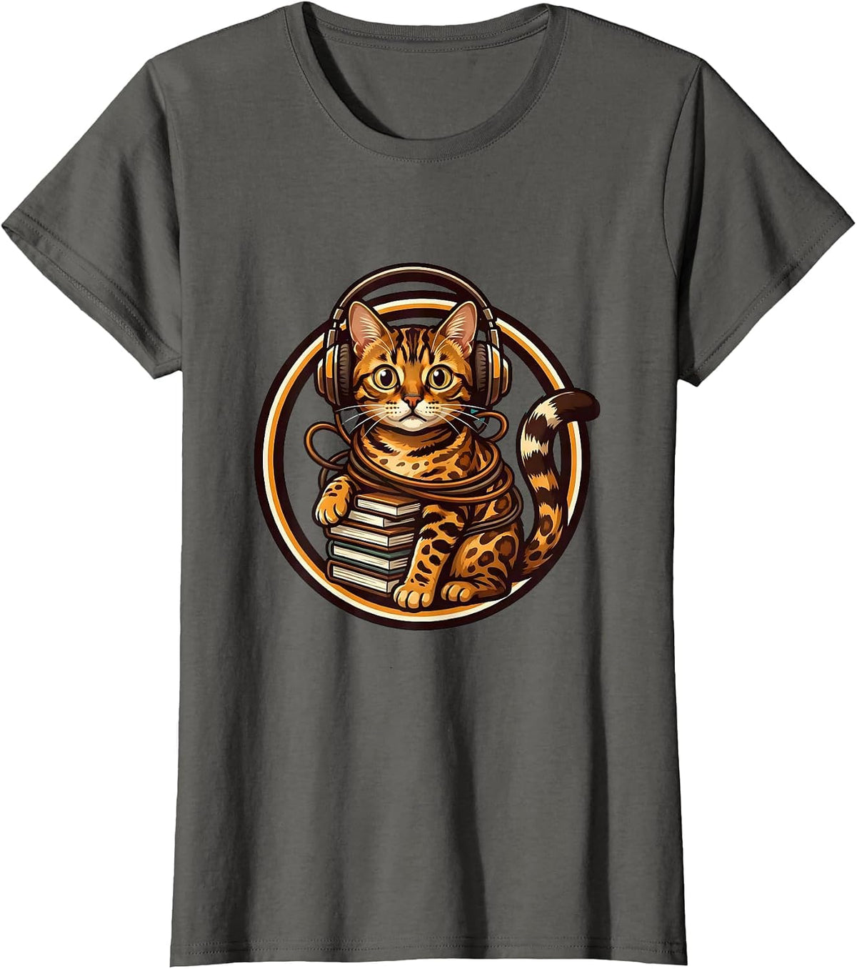 Women's Bengal Cat Back to School Headphone Tangle T-Shirt - Asphalt Grey