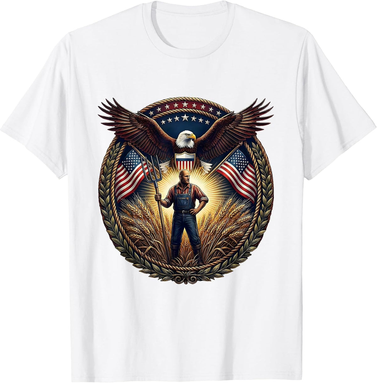 Men's Farmer Pitchfork Wheat Field Harvest Illustration T-Shirt - White