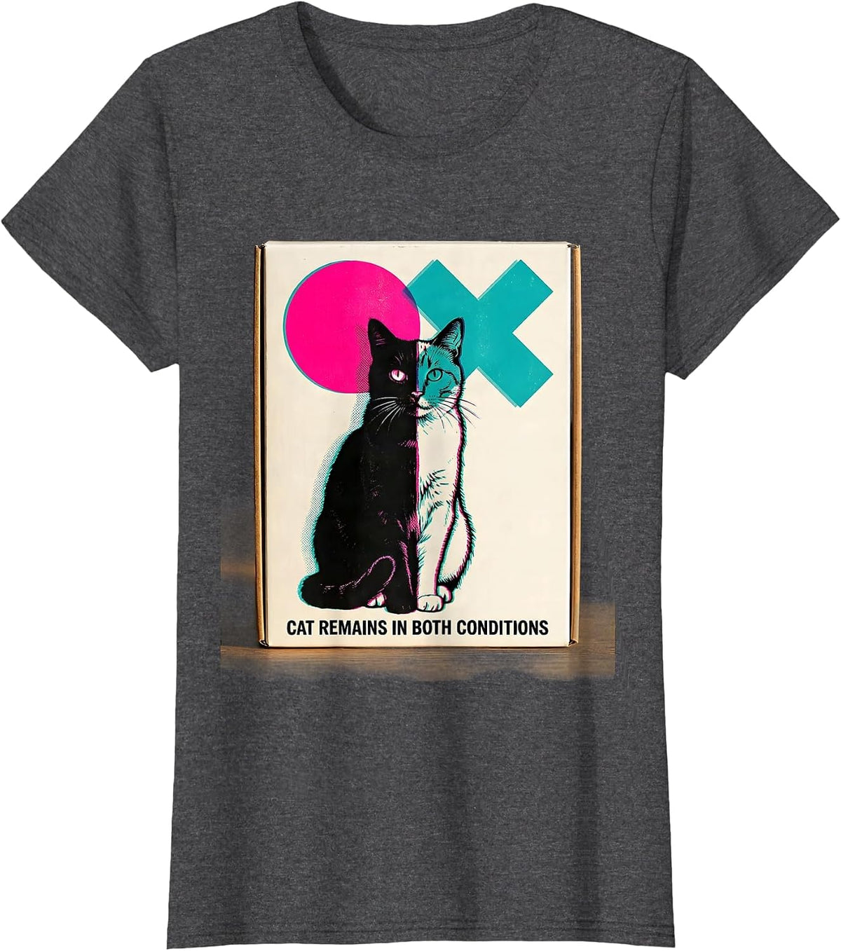 Women's Cat Remains In Both Conditions Quantum Physics Humor T-Shirt - Dark Heather Grey