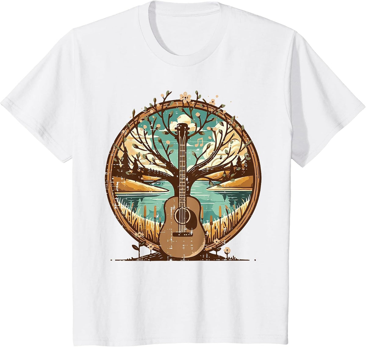 Acoustic Guitar Tree Lake Art Retro Guitarist Women Men Kids T-Shirt - White