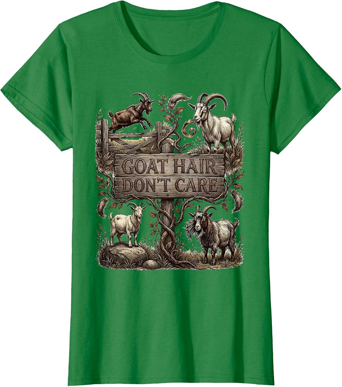 Women's Goat Hair Don't Care Funny Goat Lover Design T-Shirt - Kelly Green
