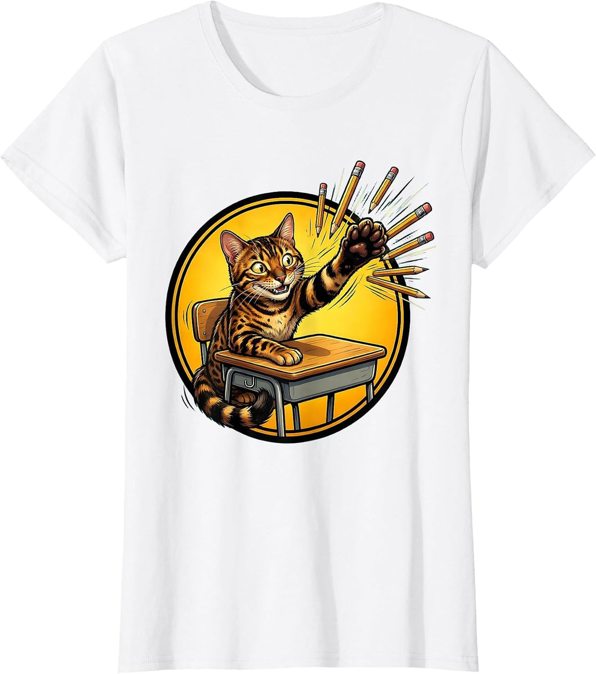 Bengal Cat Back to School Pencil Chaos Design T-Shirt - White