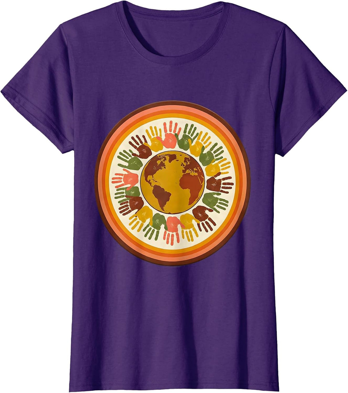 Elementary Teacher Globe Colorful Handprints Design T-Shirt - Purple