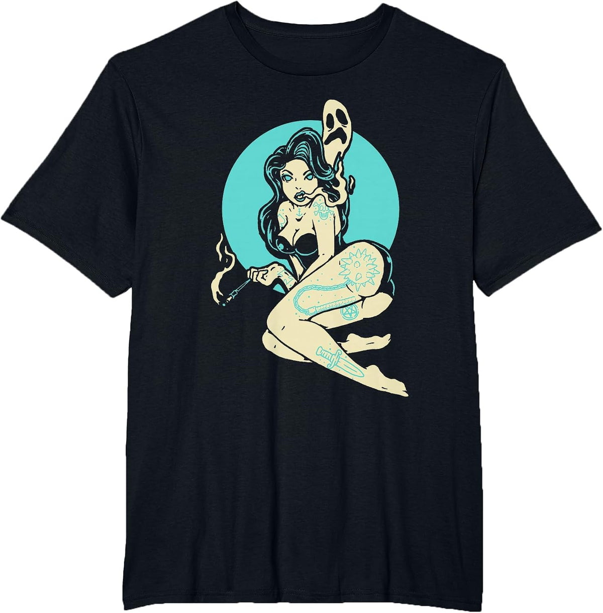 Tattooed Goth Pin-Up Girl Horror Ghost Moon Rockabilly T-Shirt - Black
