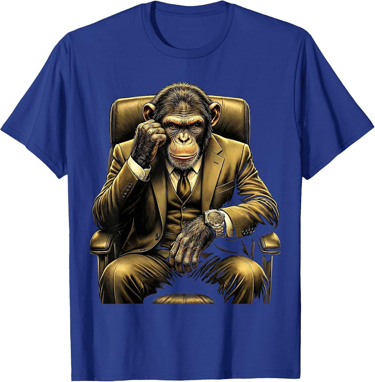 Monkey in Business Suit Checking Watch Funny T-Shirt - Royal Blue