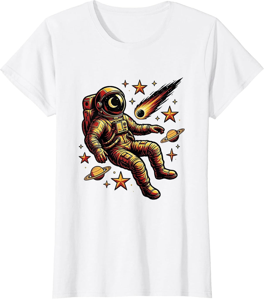 Women's Astronaut Floating Among the Stars Illustration T-Shirt - White