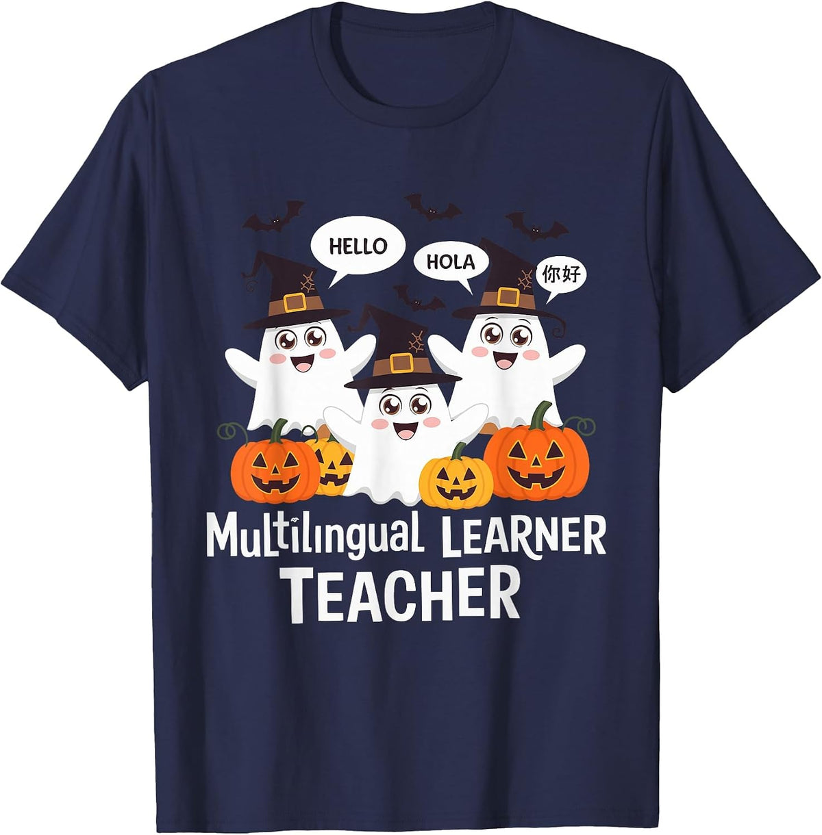 Multilingual Learner Teacher Spooky Halloween ESL Teacher T-Shirt - Navy Blue