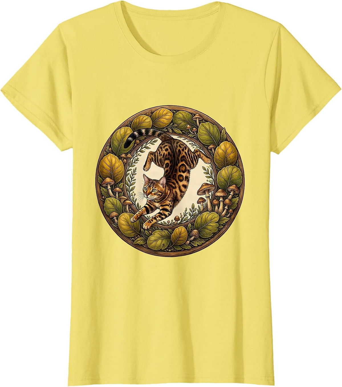 Bengal Cat Leaping Through Jungle Leaves T-Shirt - Lemon Yellow