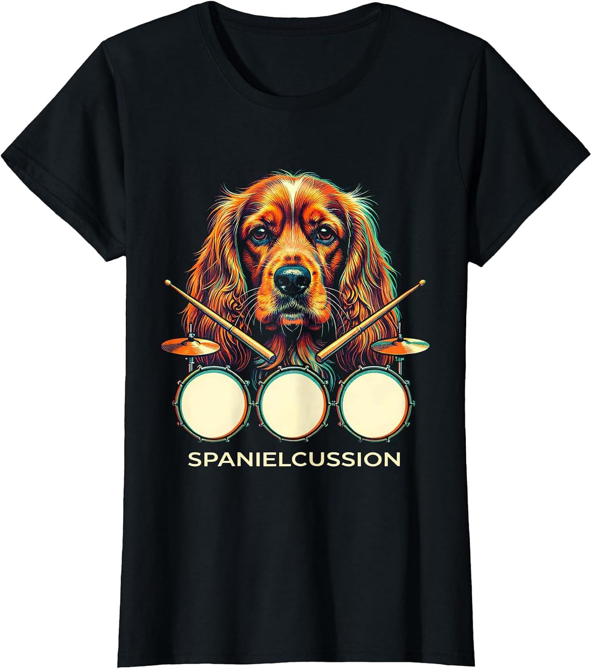 Women's Spanielcussion Risograph Cocker Spaniel Pet Drummer Rock T-Shirt - Black