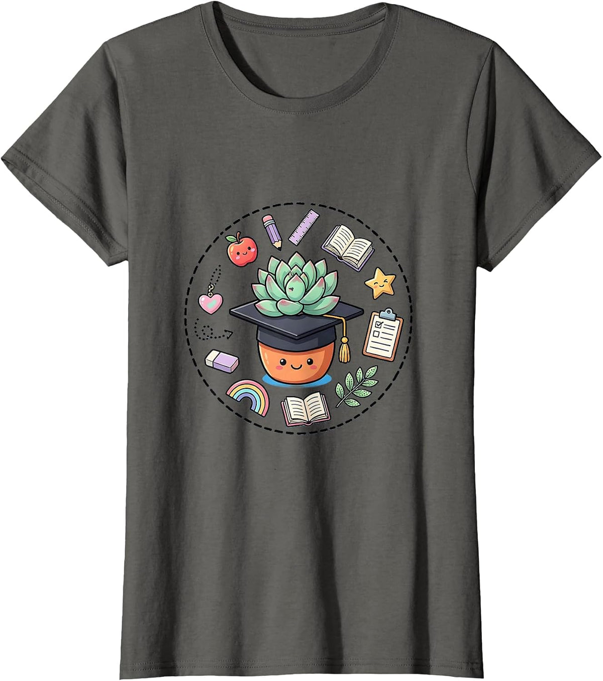 Women's Elementary Teacher Graduation Potted Plant Design T-Shirt - Asphalt Grey
