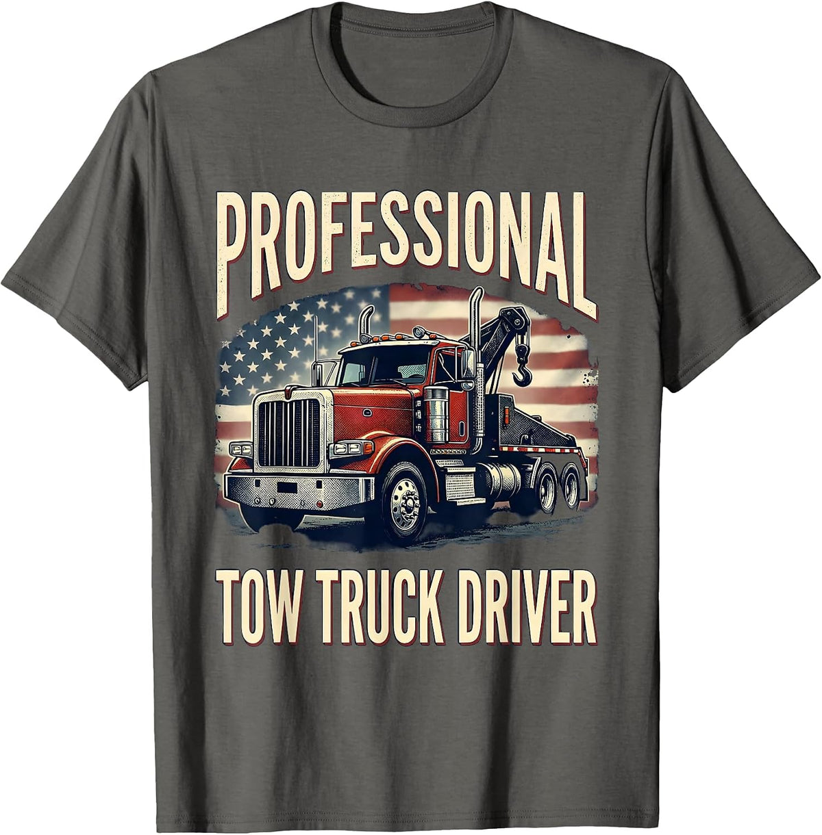 Professional Tow Truck Driver Patriotic American Flag T-Shirt - Asphalt Grey
