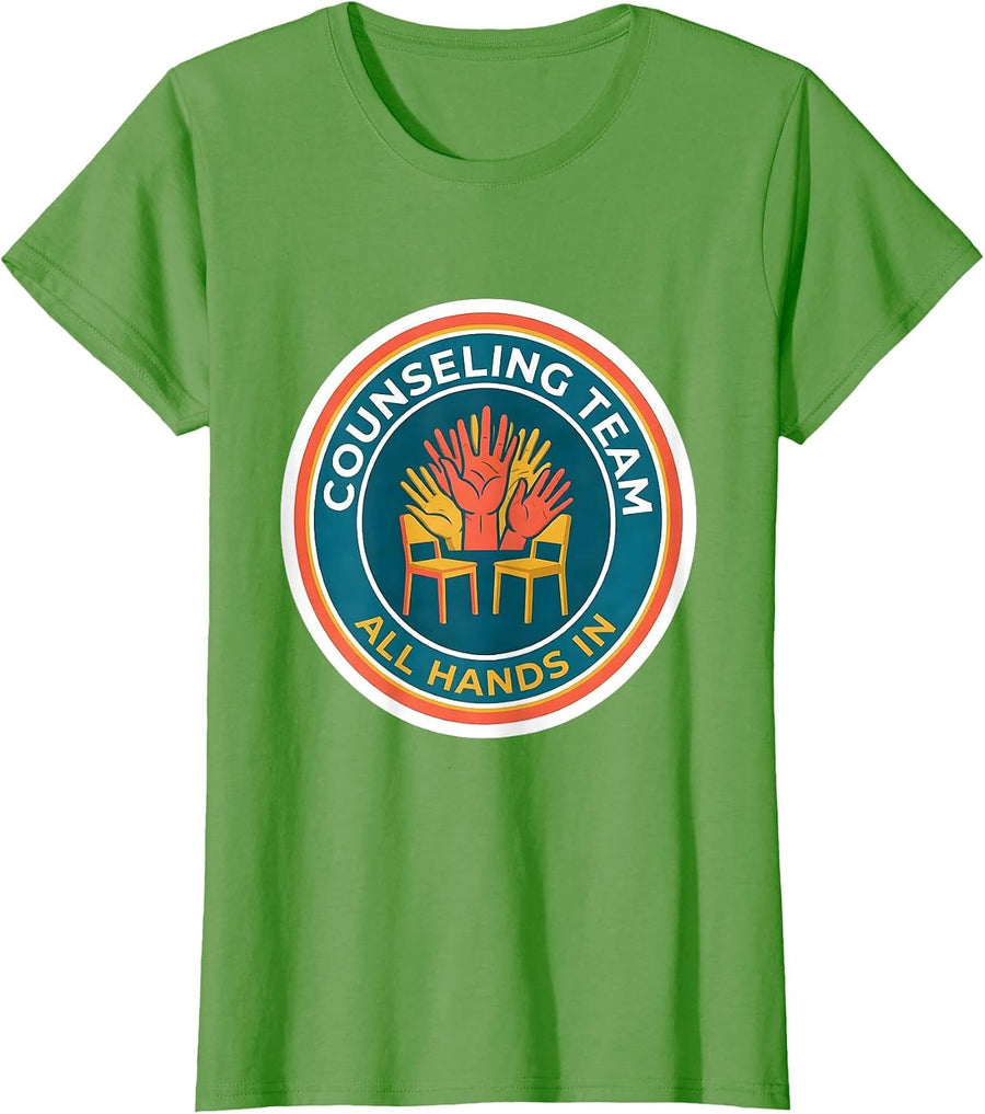 Women's Counseling Team All Hands In Groovy Retro School Counselor T-Shirt - Grass Green