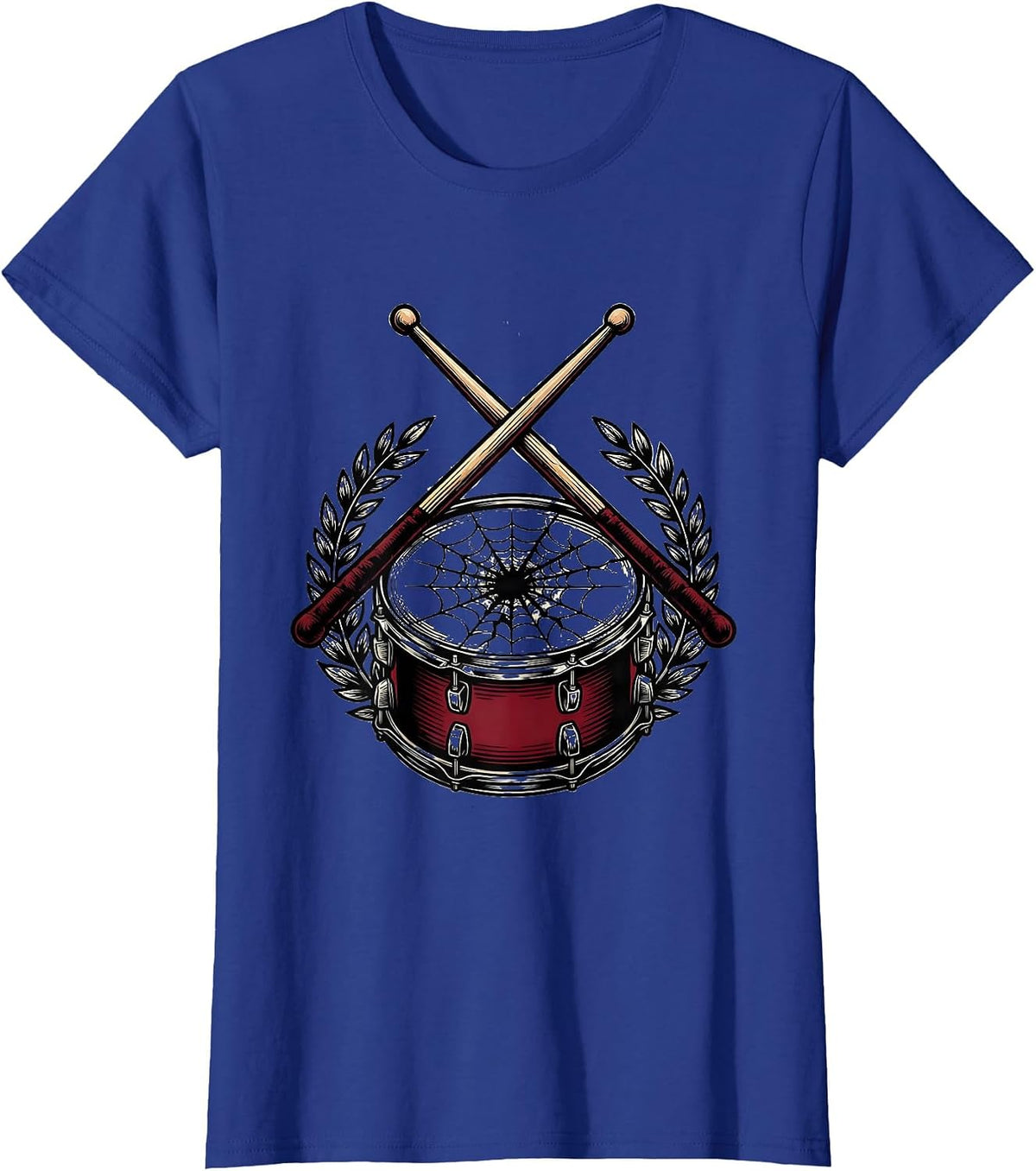 Women's Crossed Drumsticks Cracked Snare Drum Illustration T-Shirt - Royal Blue