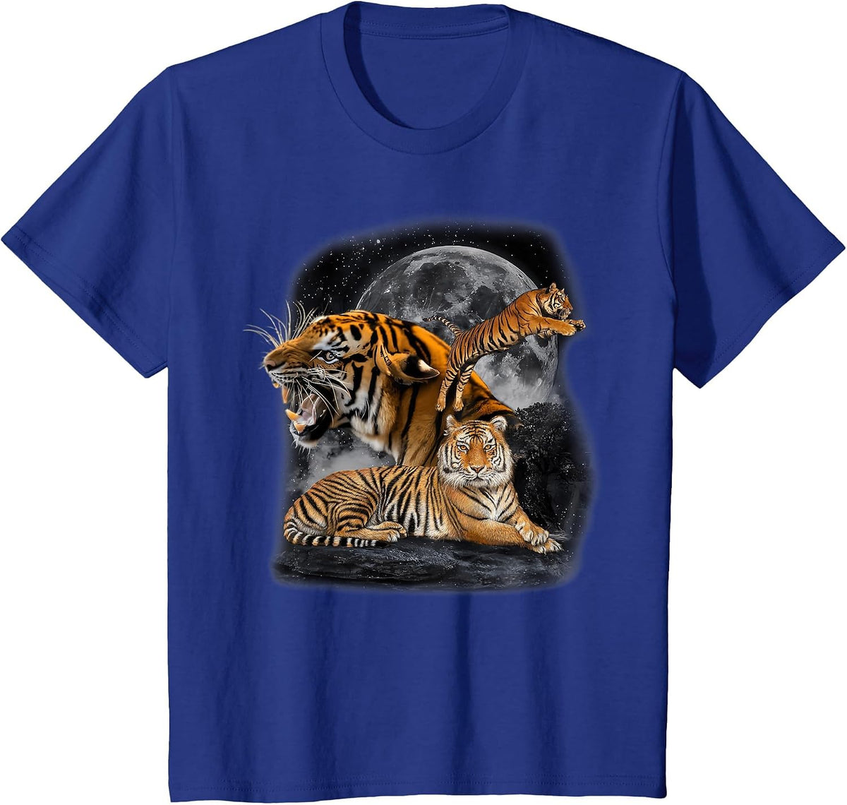 Vintage Three Tigers Retro Alpha Moon Bengal Tiger Lovers T-Shirt - Royal Blue