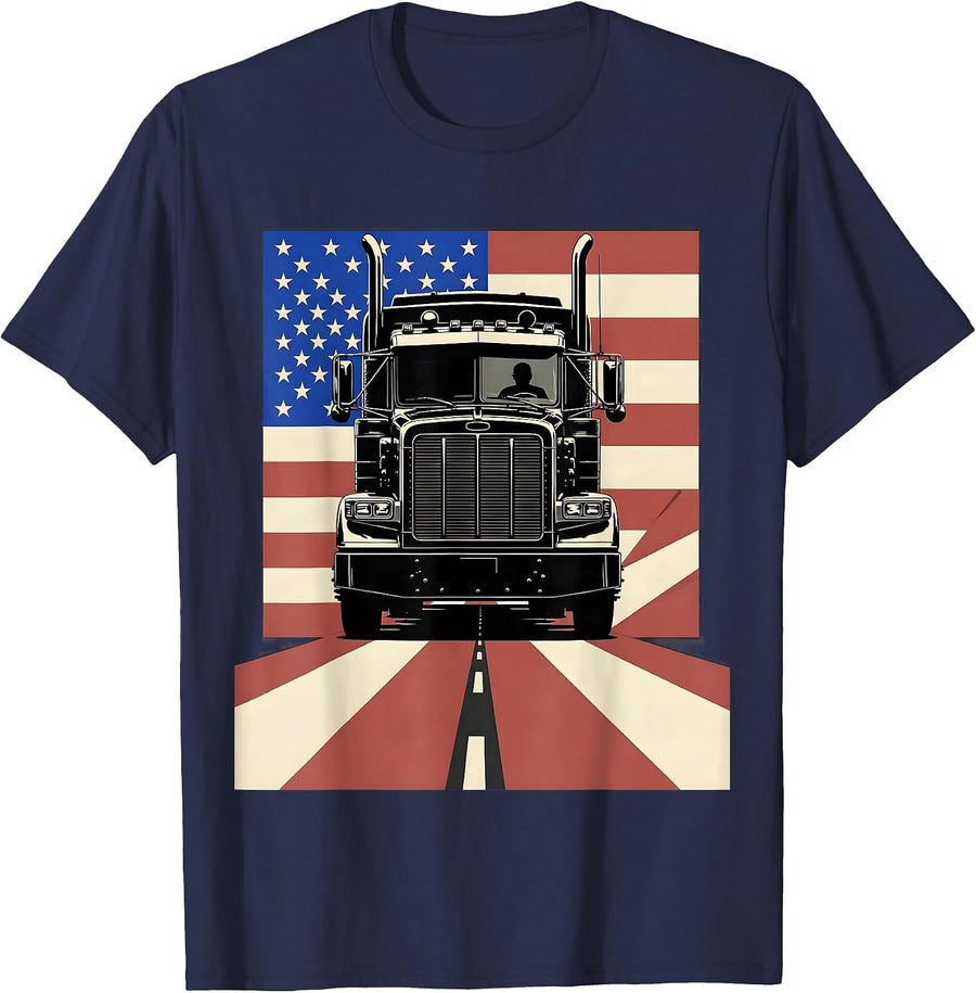 Semi Truck American Flag Driver Patriotic Trucker Pride T-Shirt - Navy Blue