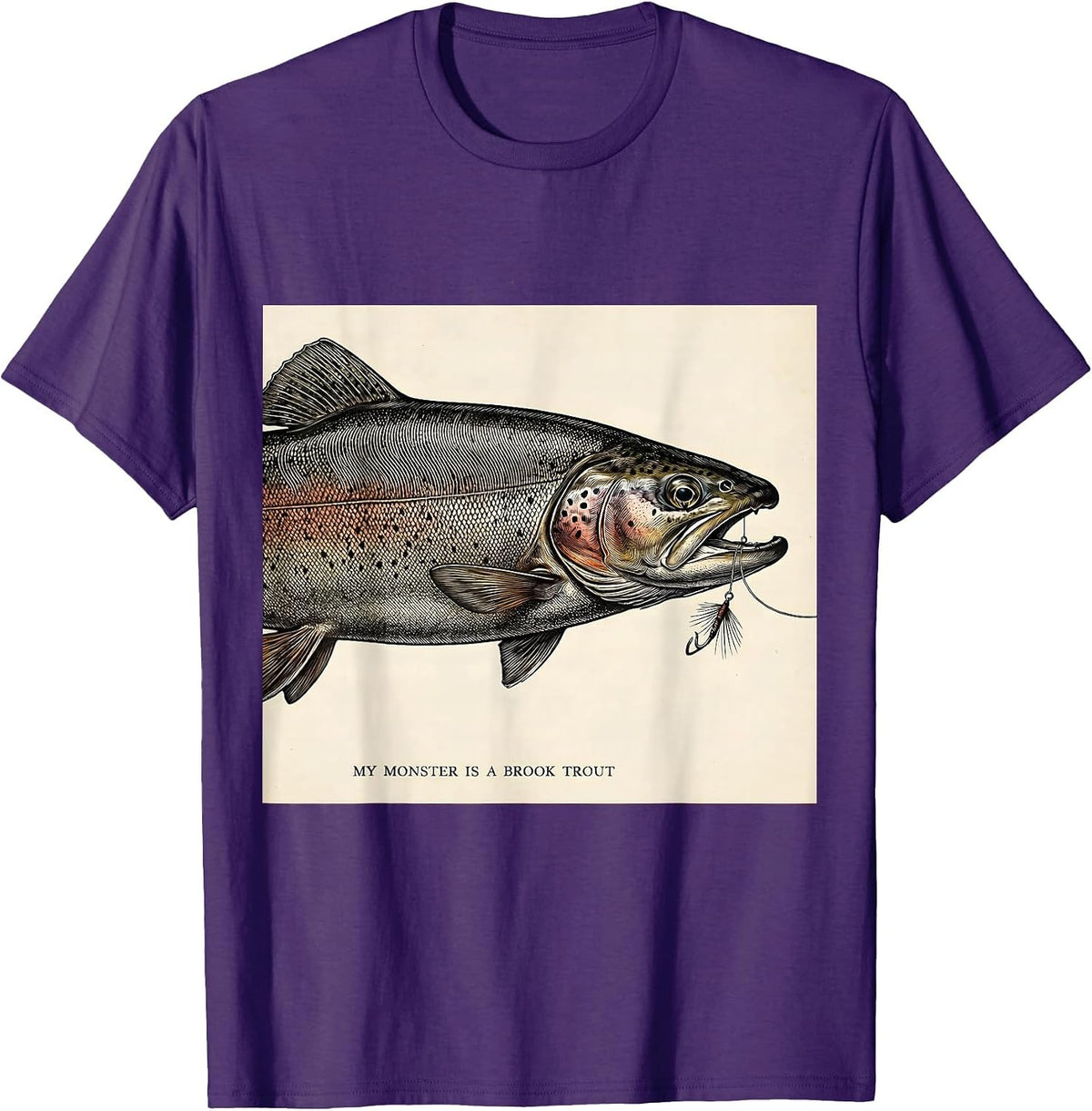 Men's My Monster Is A Brook Trout Spooky Halloween Fishing Humor T-Shirt - Purple