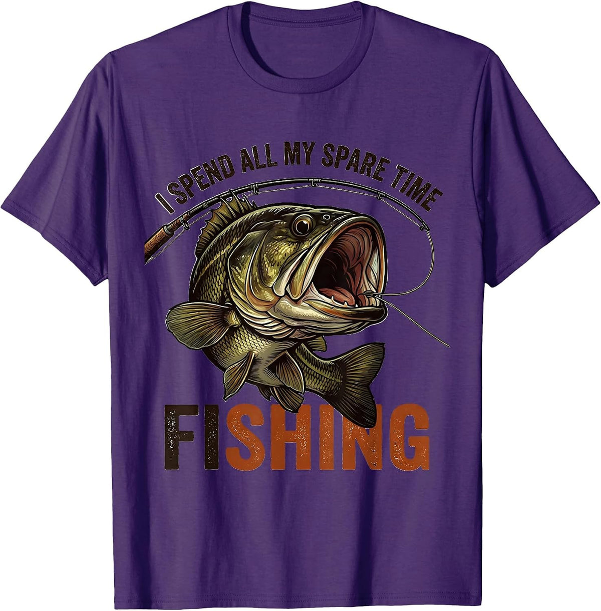 Men's I Spend All My Spare Time Fishing Funny Distressed Bass T-Shirt - Purple