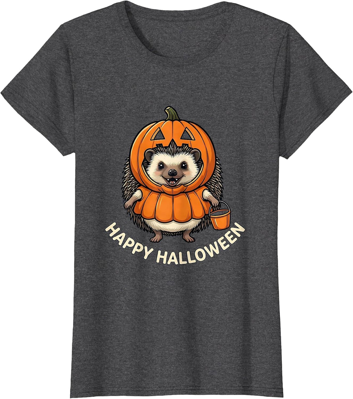 Women's Happy Halloween Cheerful Hedgehog Pumpkin Costume Party Wear T-Shirt - Dark Heather Grey