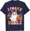 Groovy Spooky Vibes Cute Boo Ghost Halloween Costumes Girls T-Shirt - Navy Blue
