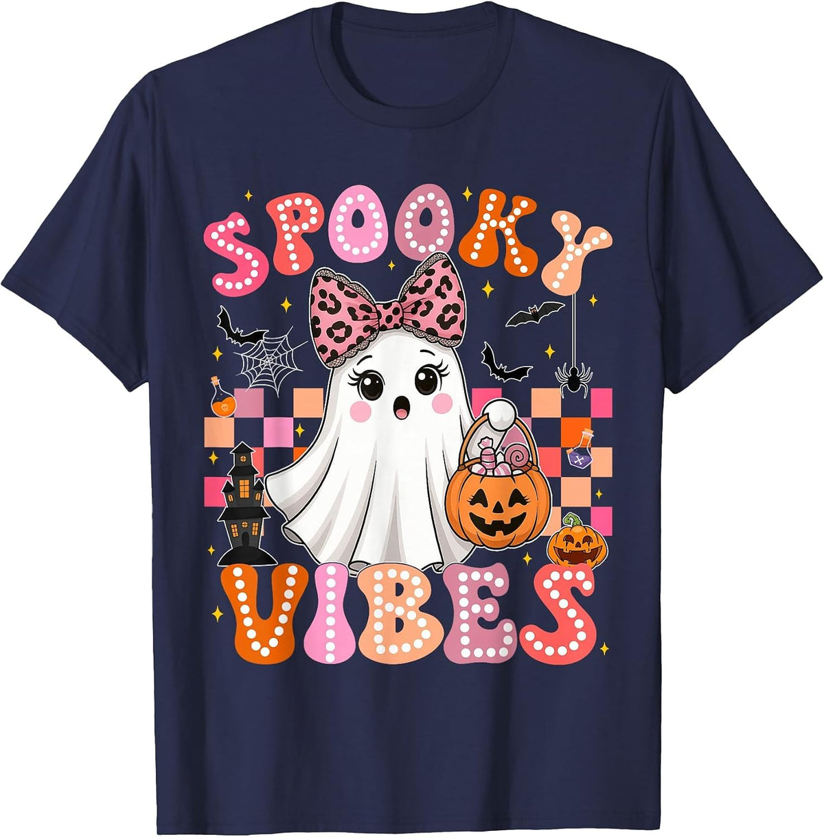 Groovy Spooky Vibes Cute Boo Ghost Halloween Costumes Girls T-Shirt - Navy Blue